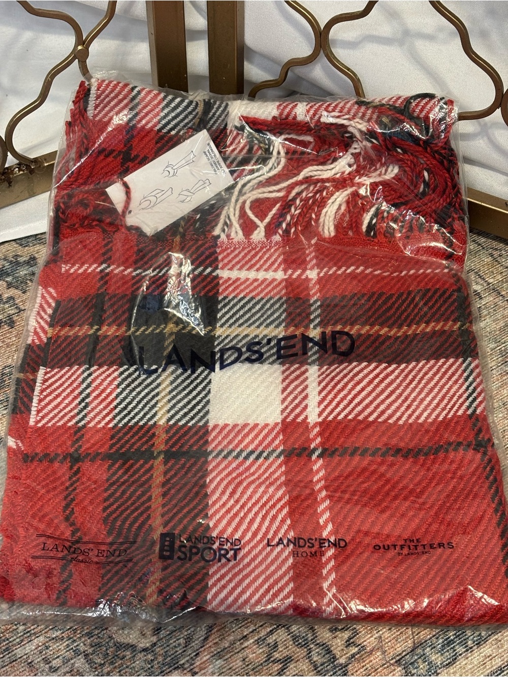 NWT Lands' End Red Black & White Plaid Fringe Blanket Scarf Cashtouch